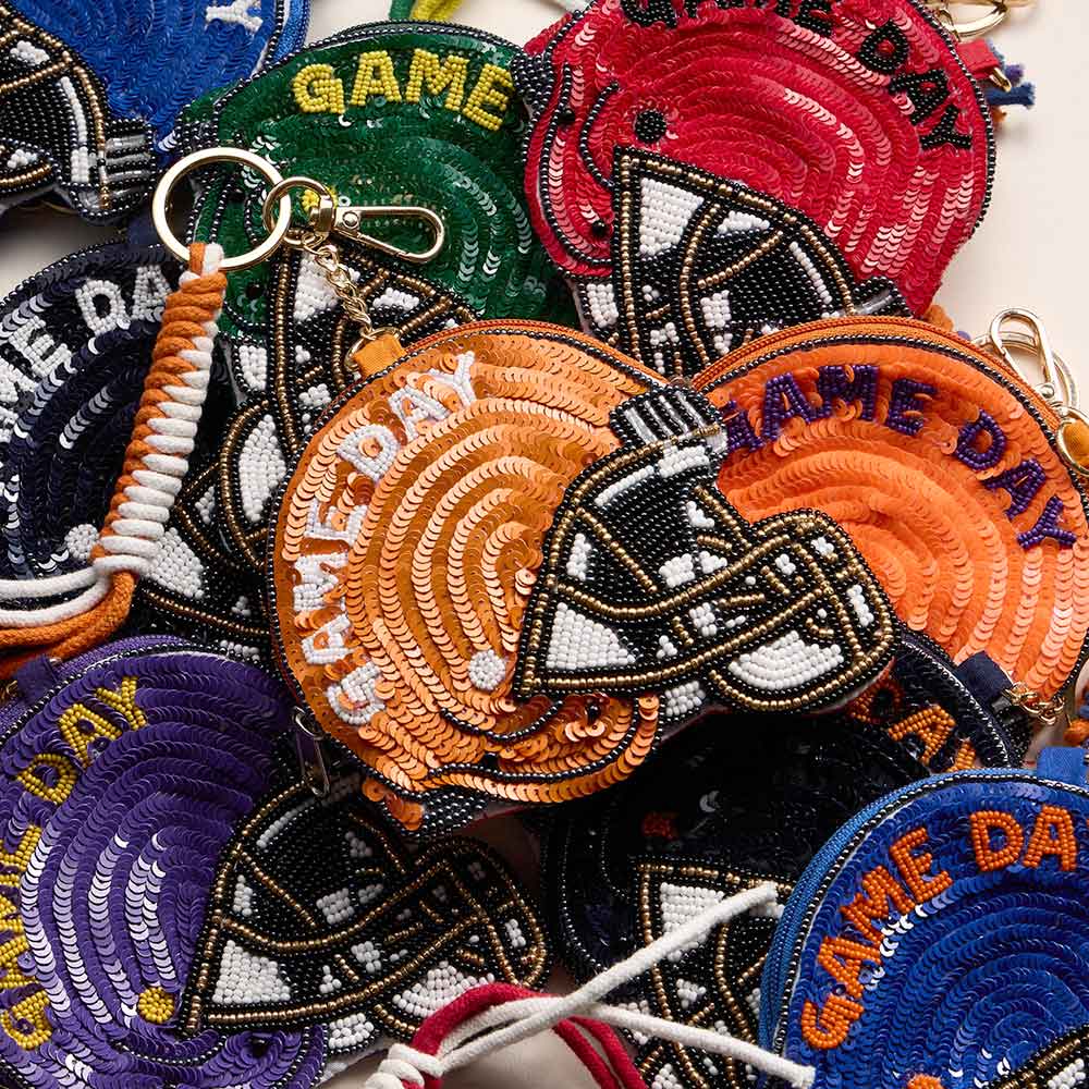 GAME DAY Football Helmet Sequin Seed Beaded Keychain Pouch