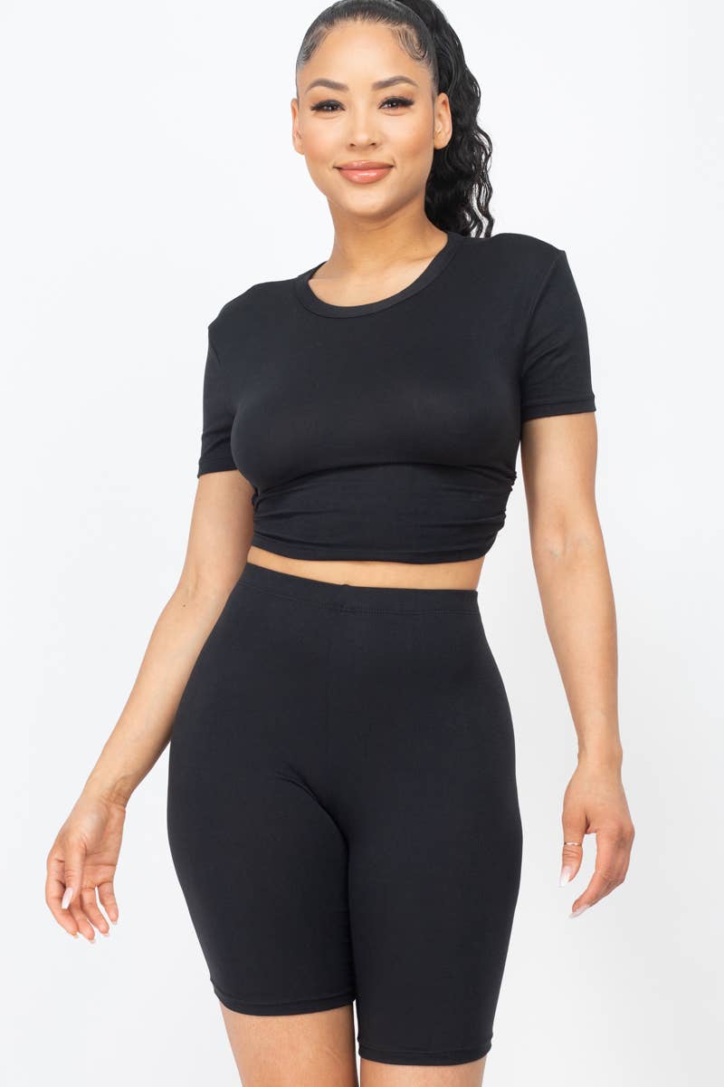 Open Back Top and Biker Shorts Sets: Orange / M