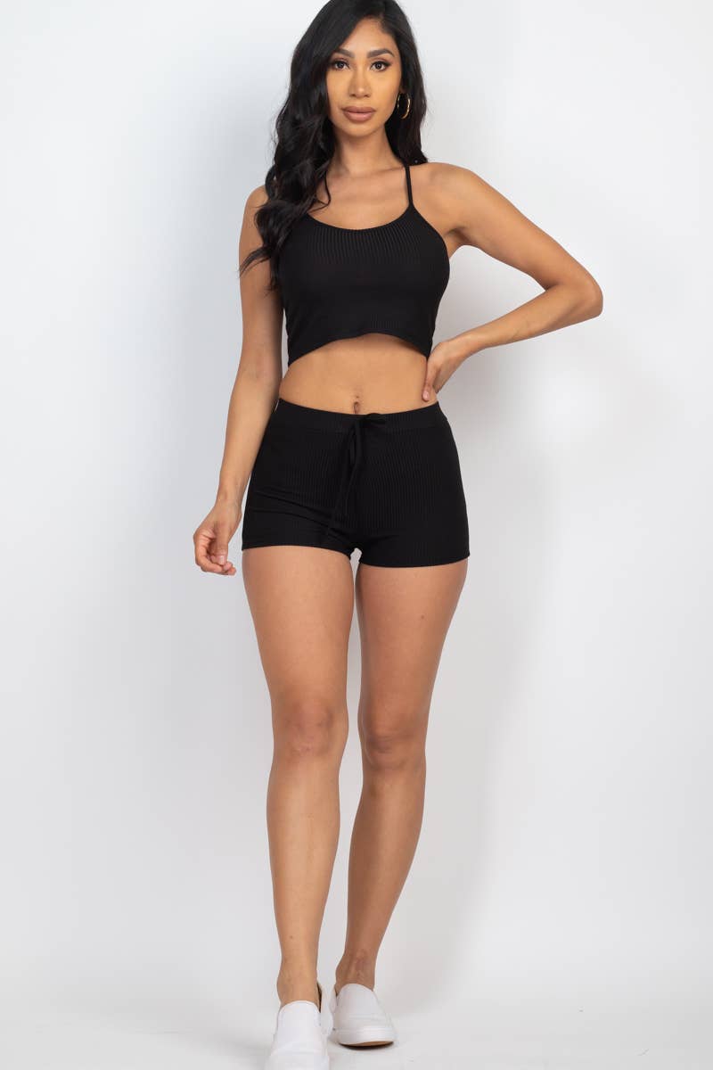 Solid Sleeveless Ribbed Crop Cami Top & Mini Shorts Set