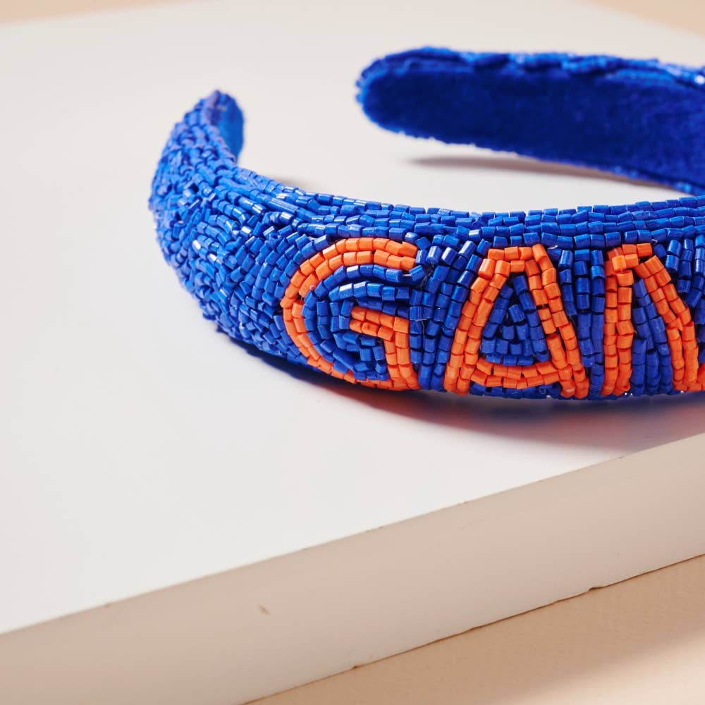 Game Day Seed Beaded Headband: Blue/Orange