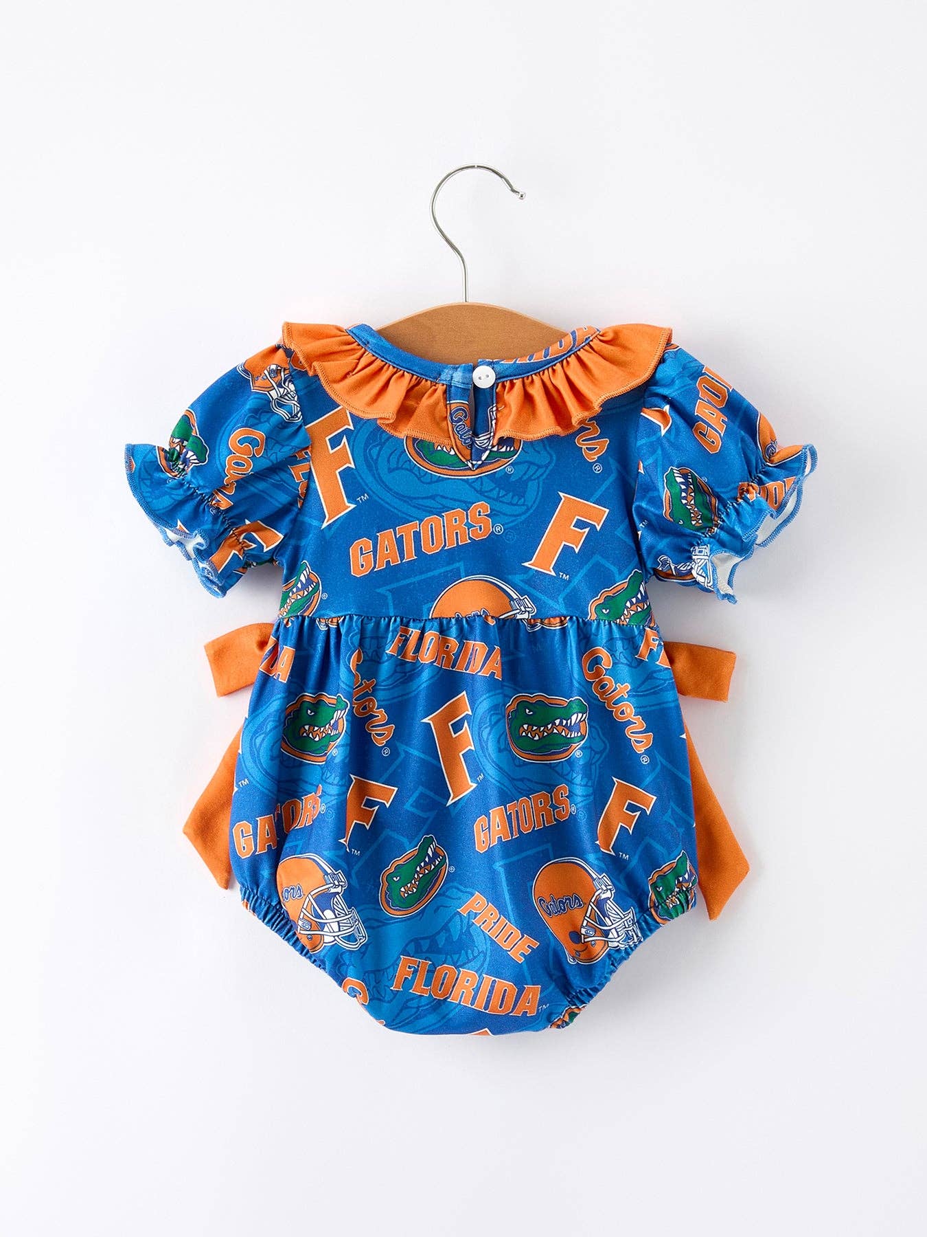 Blue and Orange Bow Sports Baby Girls Romper