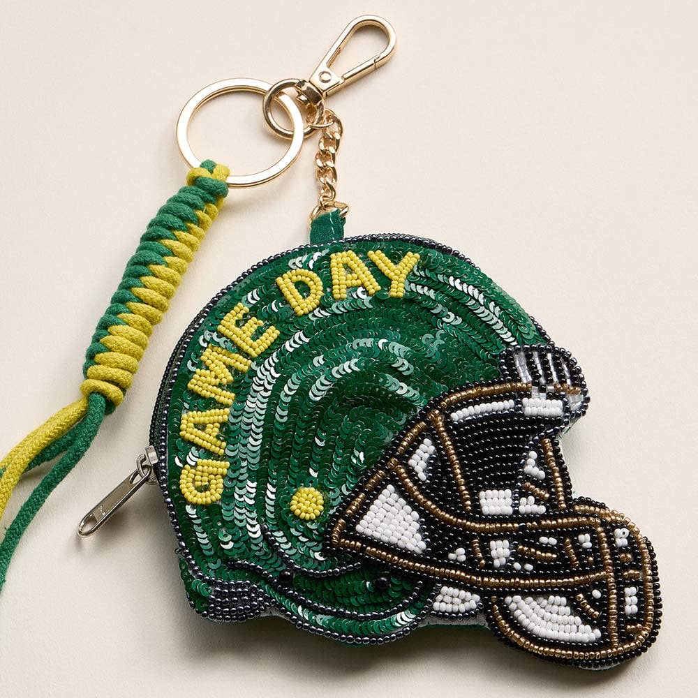 GAME DAY Football Helmet Sequin Seed Beaded Keychain Pouch