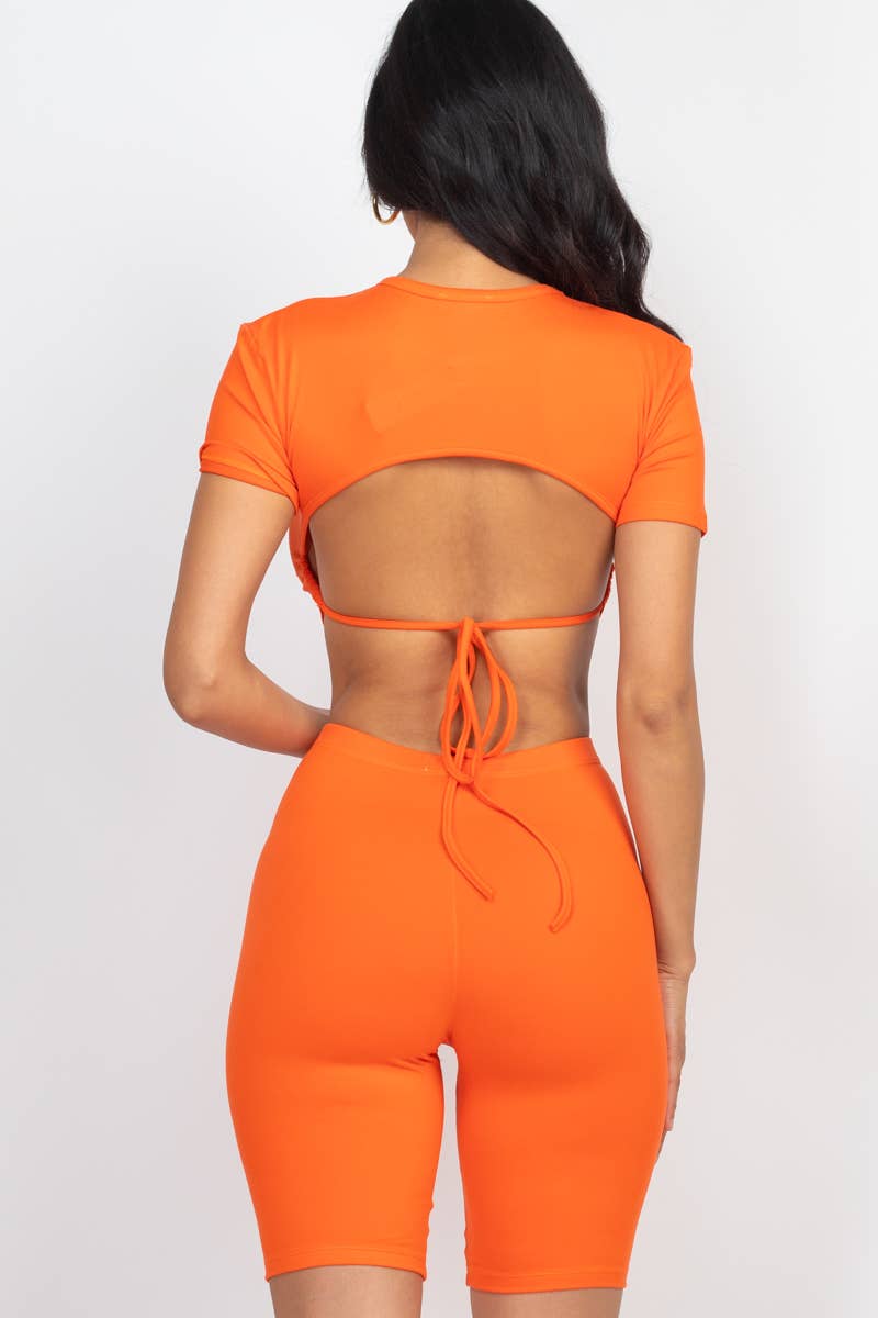 Open Back Top and Biker Shorts Sets: Orange / M