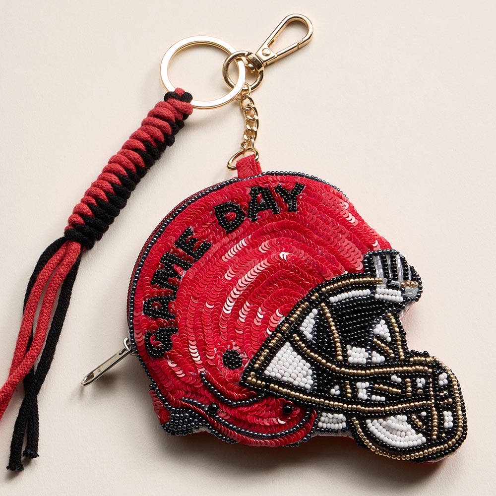 GAME DAY Football Helmet Sequin Seed Beaded Keychain Pouch