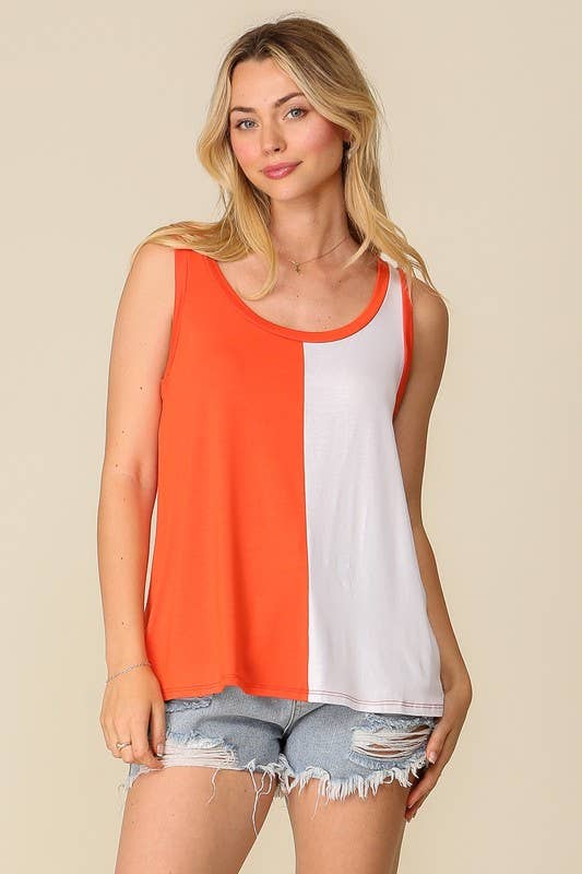 Game Day Rayon Knit Color Spilt Tank Top: ORANGE/ROYAL / 2-2-2 (S-M-L)