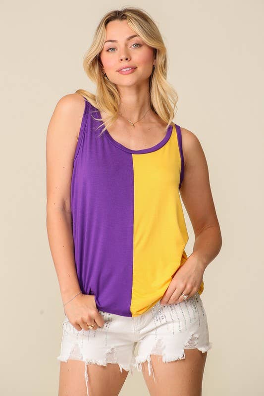 Game Day Rayon Knit Color Spilt Tank Top: ORANGE/ROYAL / 2-2-2 (S-M-L)