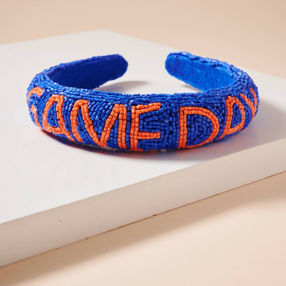 Game Day Seed Beaded Headband: Blue/Orange