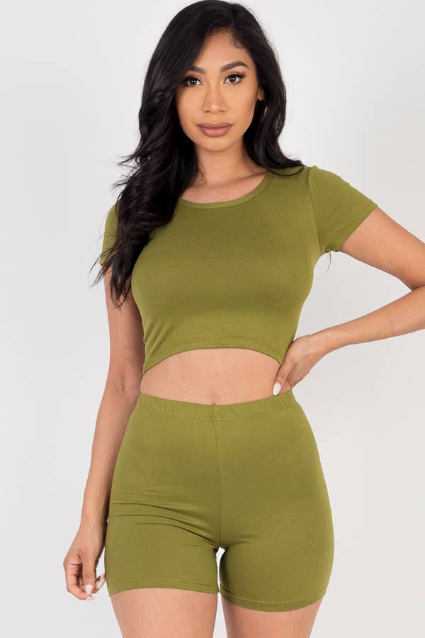 Solid Active Short Sleeve Crop Top shirt & Biker Shorts Set: M / Orange