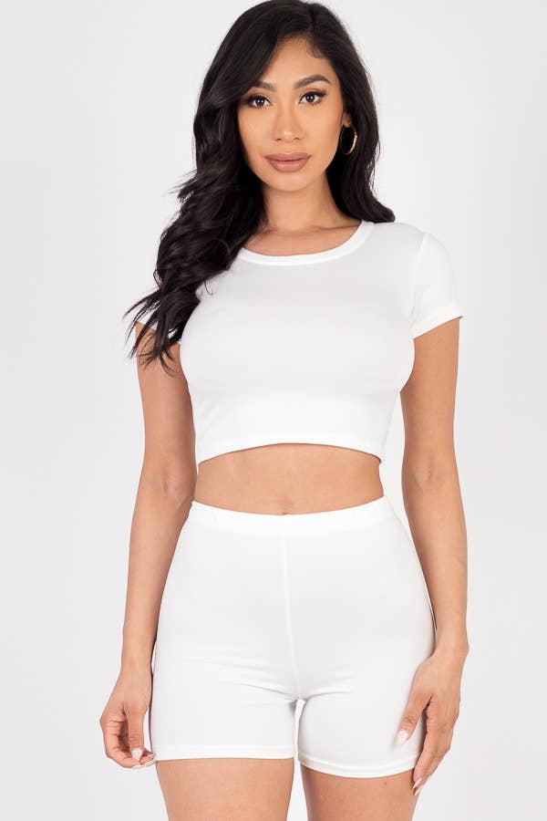 Solid Active Short Sleeve Crop Top shirt & Biker Shorts Set: M / Orange