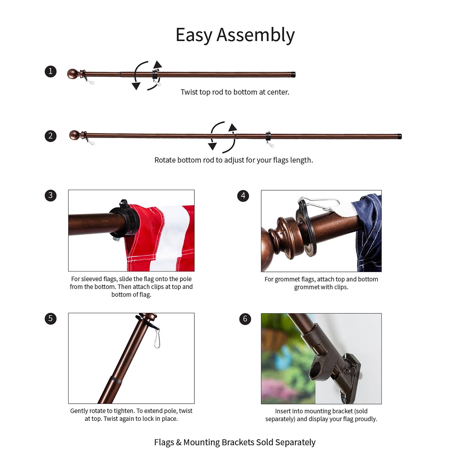 Extendable Metal House Flag Pole, Bronze