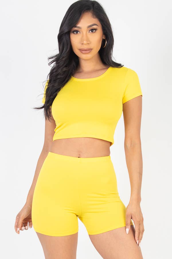 Solid Active Short Sleeve Crop Top shirt & Biker Shorts Set: M / Orange