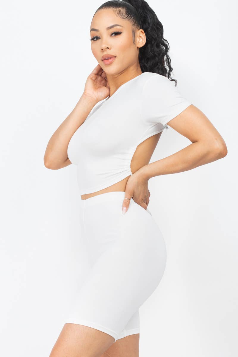 Open Back Top and Biker Shorts Sets: Orange / S