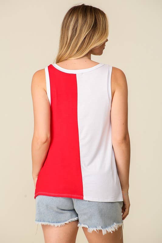 Game Day Rayon Knit Color Spilt Tank Top: ORANGE/ROYAL / 2-2-2 (S-M-L)
