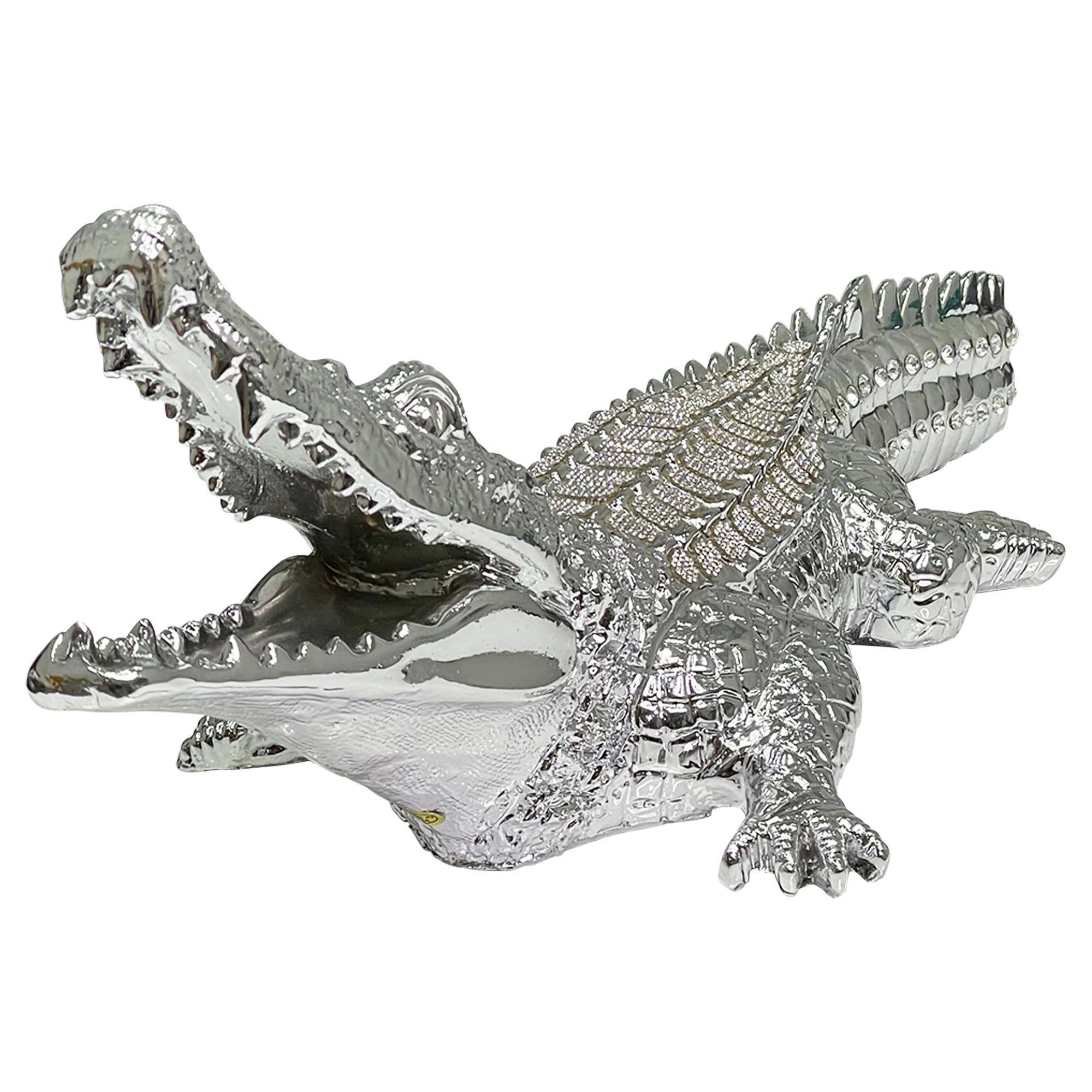 AMBROSE DIAMOND ENCRUSTED CHROME PLATED CROCODILE: Large / Silver