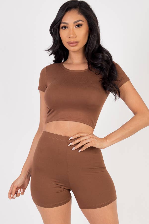 Solid Active Short Sleeve Crop Top shirt & Biker Shorts Set: M / Orange