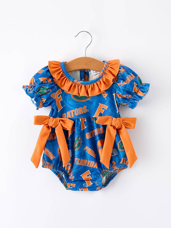 Blue and Orange Bow Sports Baby Girls Romper