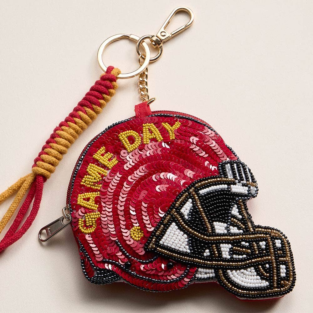 GAME DAY Football Helmet Sequin Seed Beaded Keychain Pouch