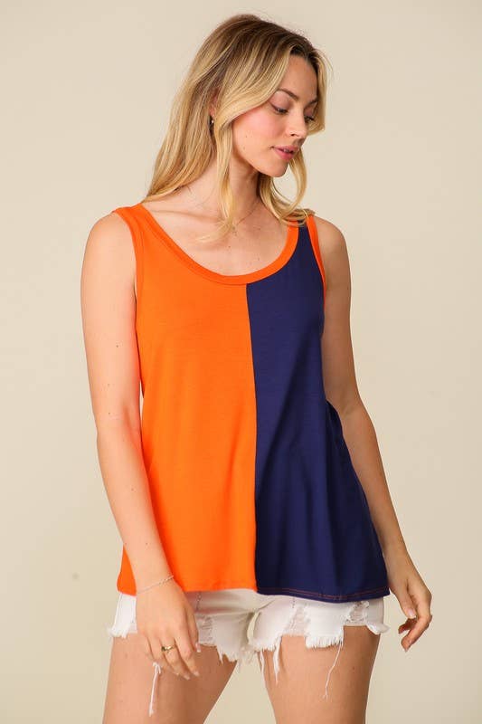 Game Day Rayon Knit Color Spilt Tank Top: ORANGE/ROYAL / 2-2-2 (S-M-L)