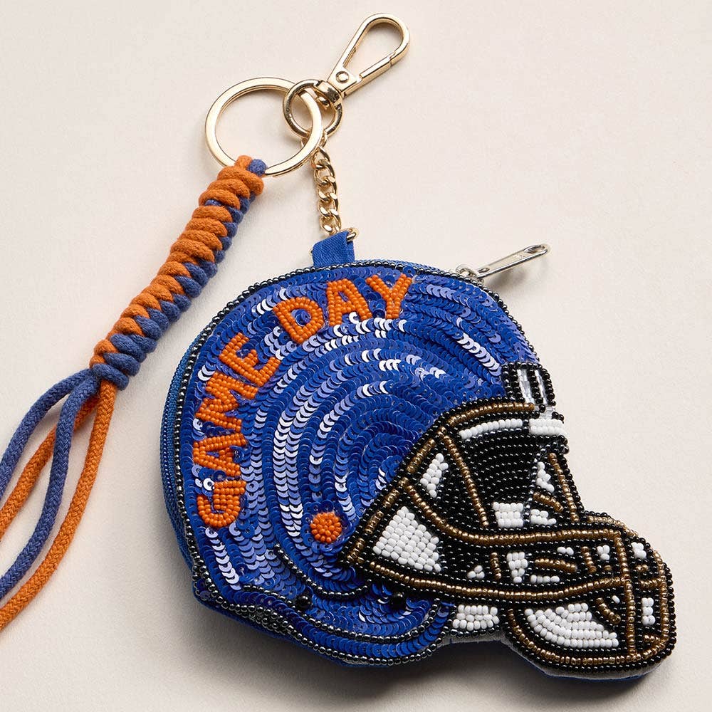 GAME DAY Football Helmet Sequin Seed Beaded Keychain Pouch