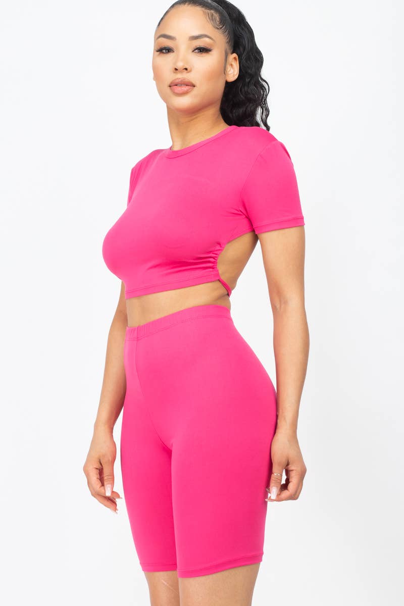 Open Back Top and Biker Shorts Sets: Orange / S