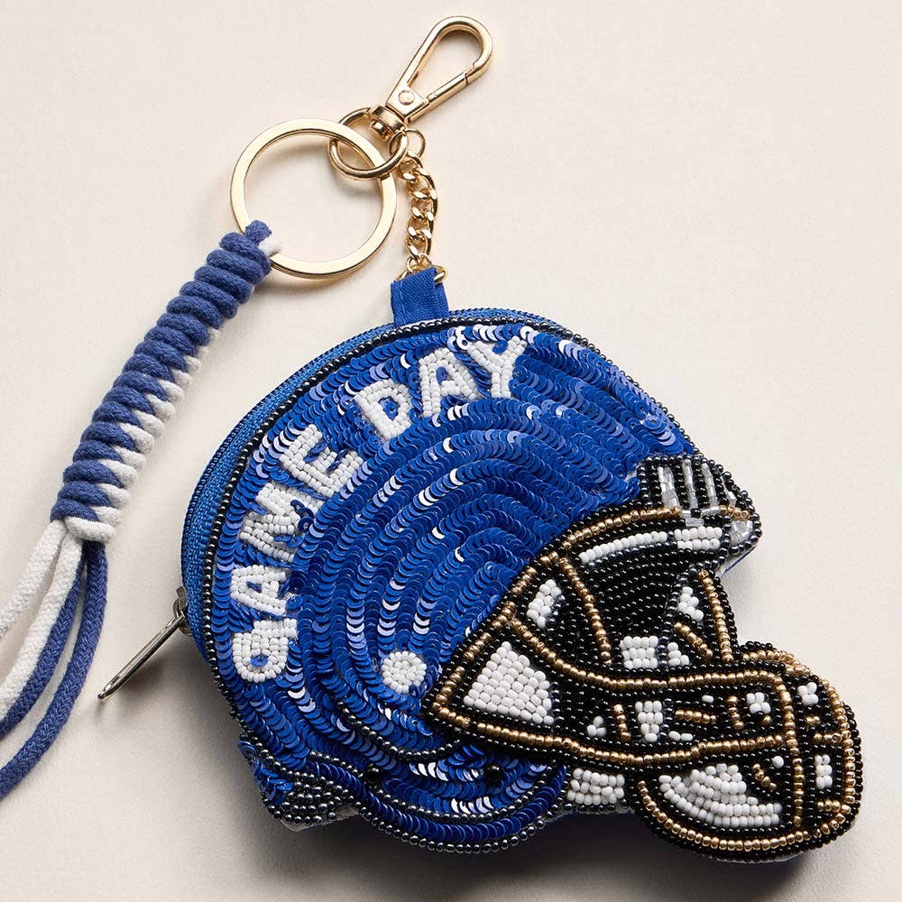 GAME DAY Football Helmet Sequin Seed Beaded Keychain Pouch