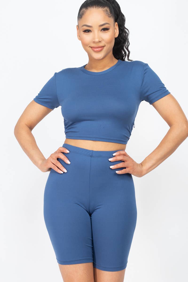 Open Back Top and Biker Shorts Sets: Orange / M