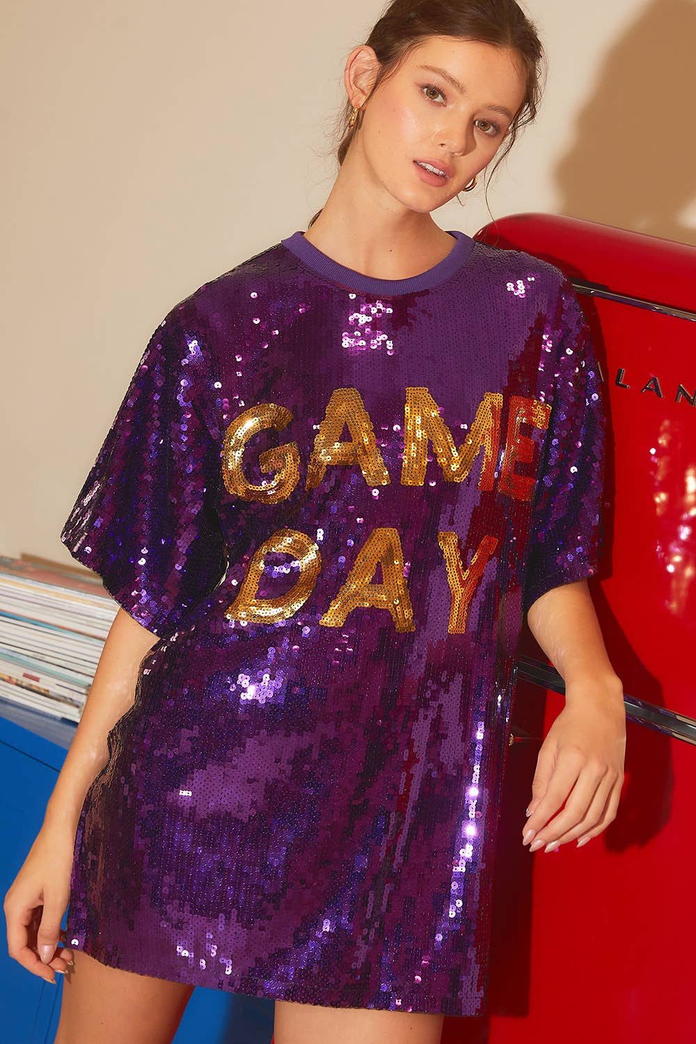 Round Neck Sequin GAME DAY letter Tunic Top: ROYAL BLUE / S