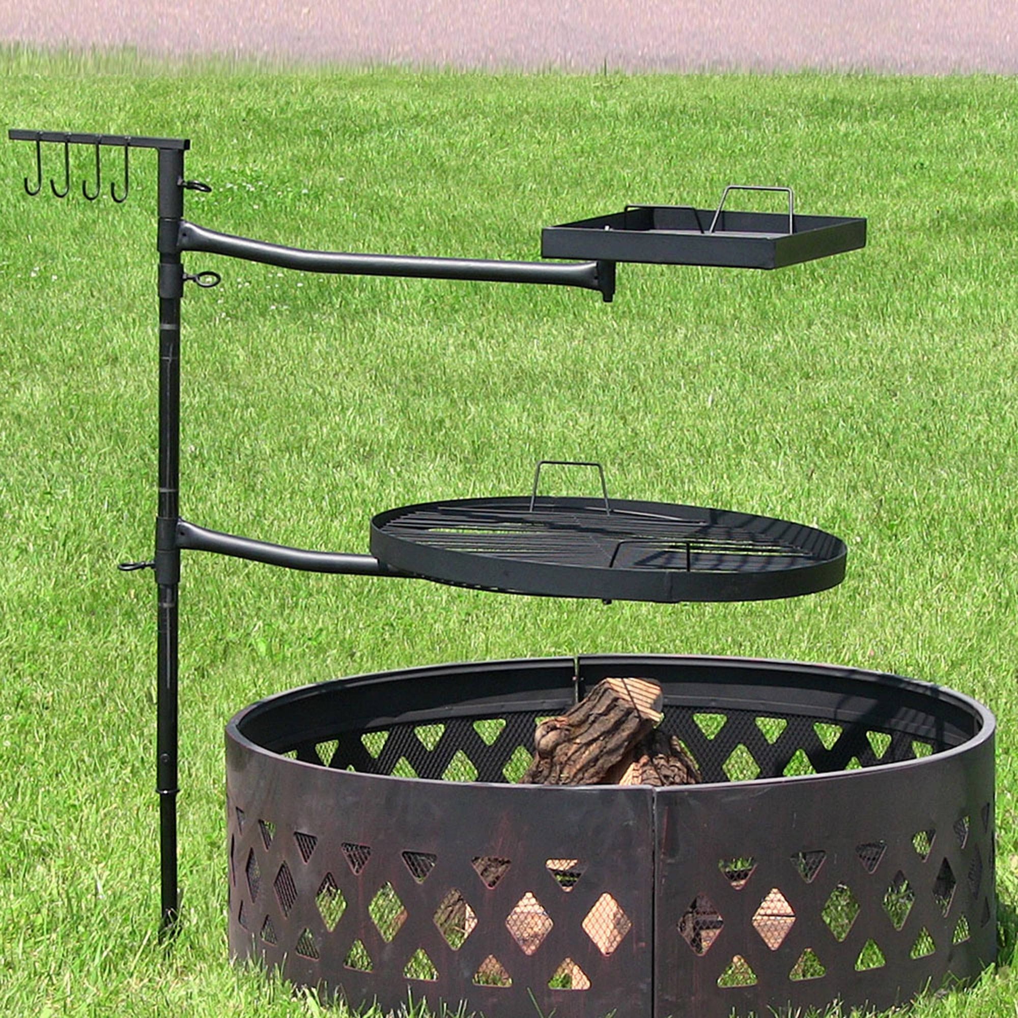 Steel Fire Pit Cooking Grill Swivel Set with Ground Stake