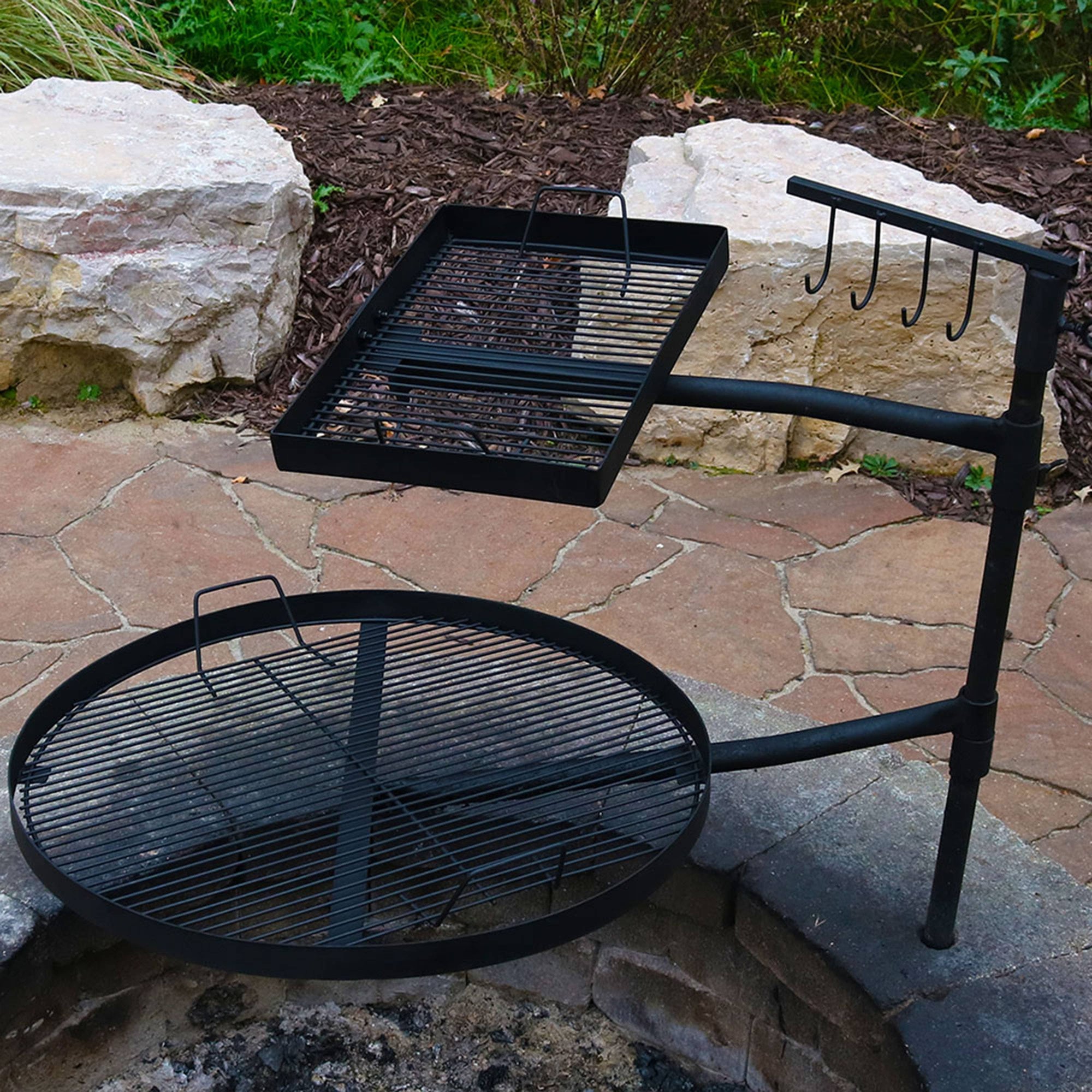 Steel Fire Pit Cooking Grill Swivel Set with Ground Stake
