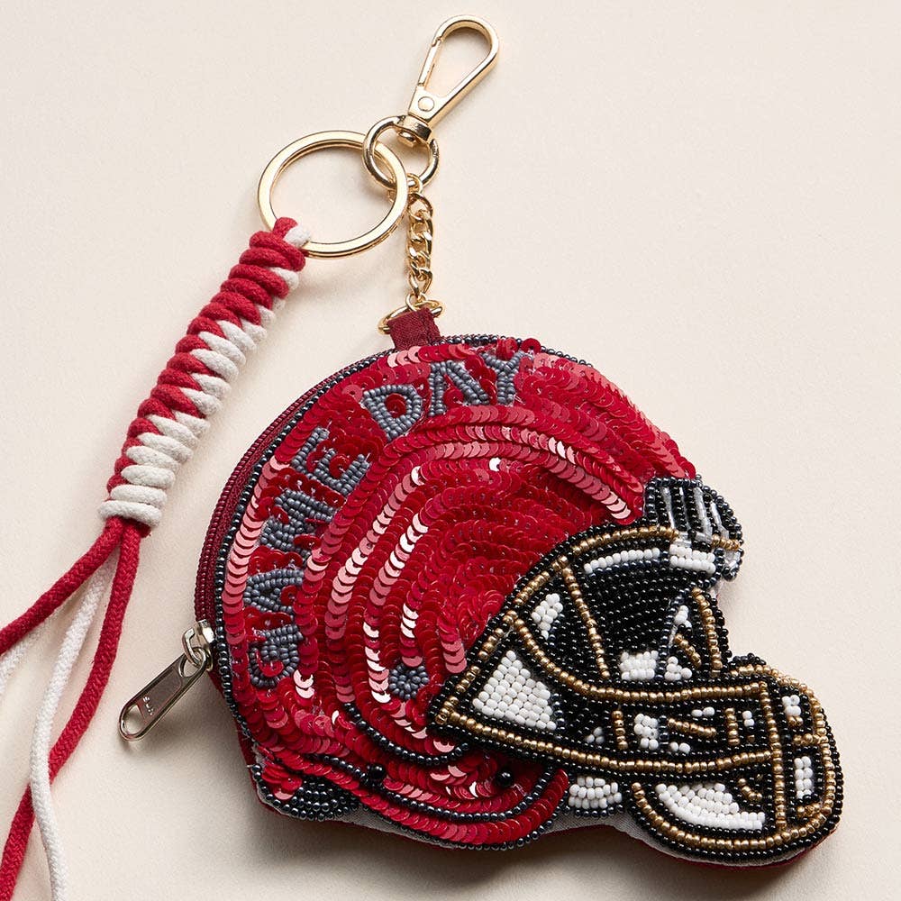 GAME DAY Football Helmet Sequin Seed Beaded Keychain Pouch