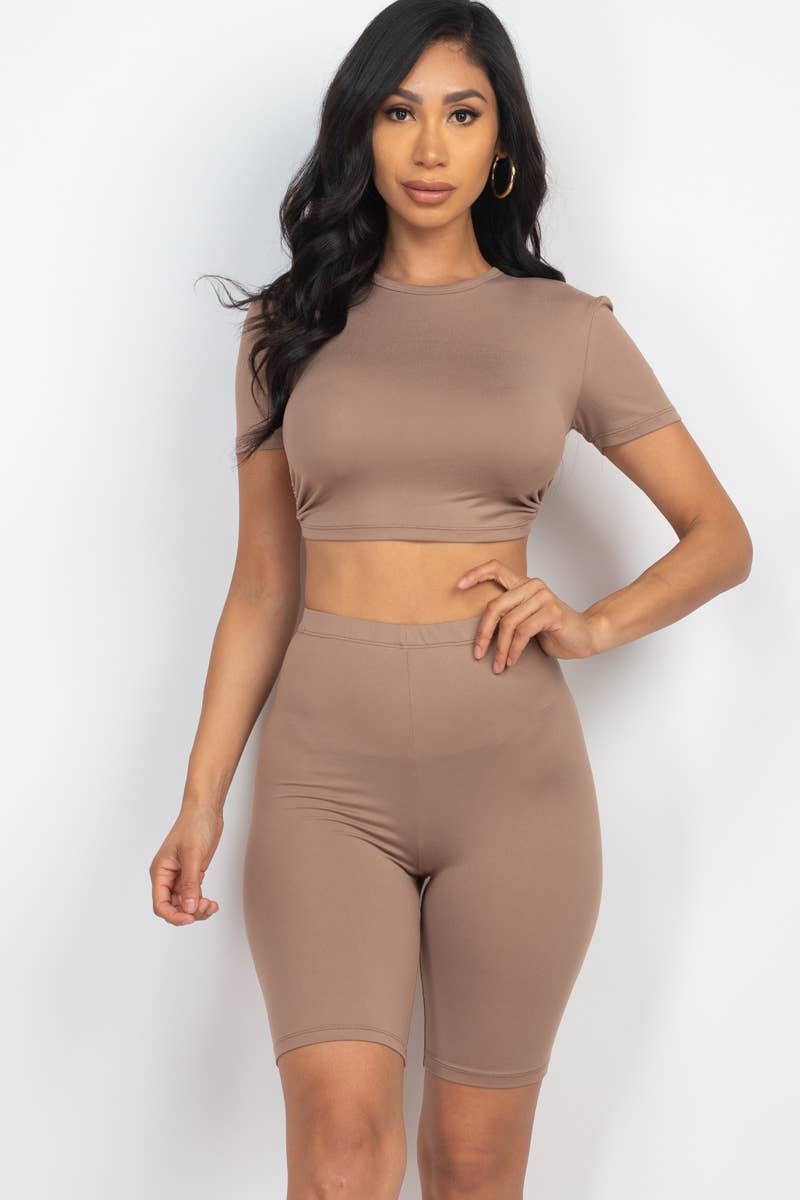 Open Back Top and Biker Shorts Sets: Orange / L