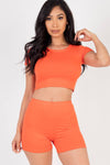 Solid Active Short Sleeve Crop Top shirt & Biker Shorts Set: L / Orange