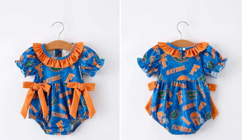 Blue and Orange Bow Sports Baby Girls Romper
