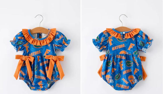 Blue and Orange Bow Sports Baby Girls Romper
