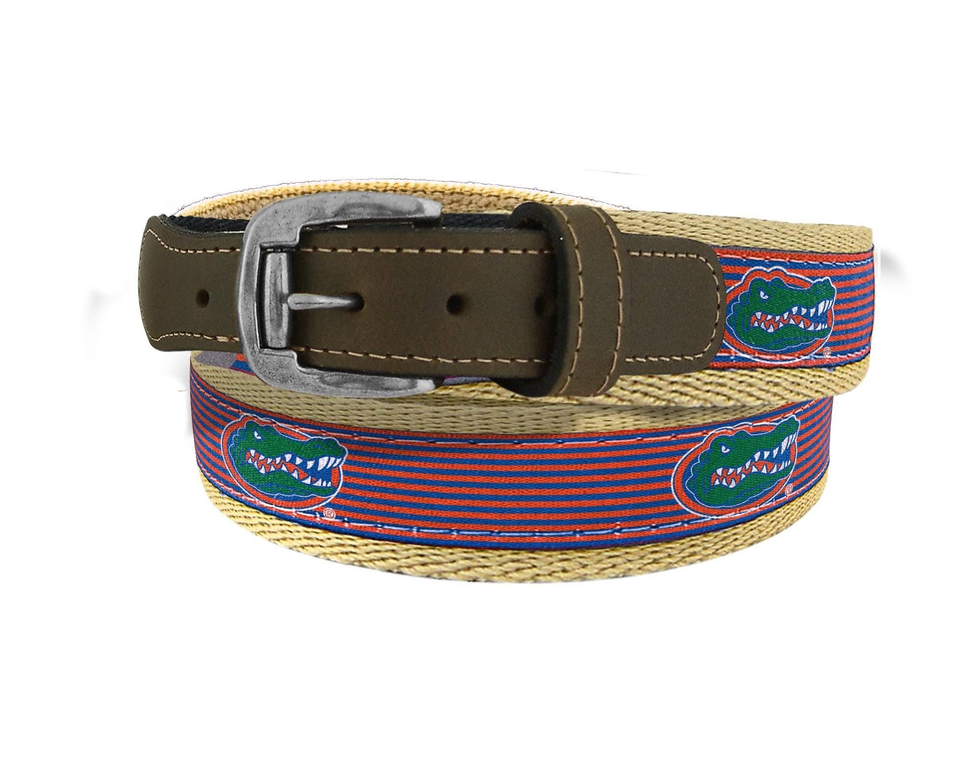 Florida Gators Preppy Pinstripe Ribbon Belt with Khaki Webbing and Brown Leather Tabs