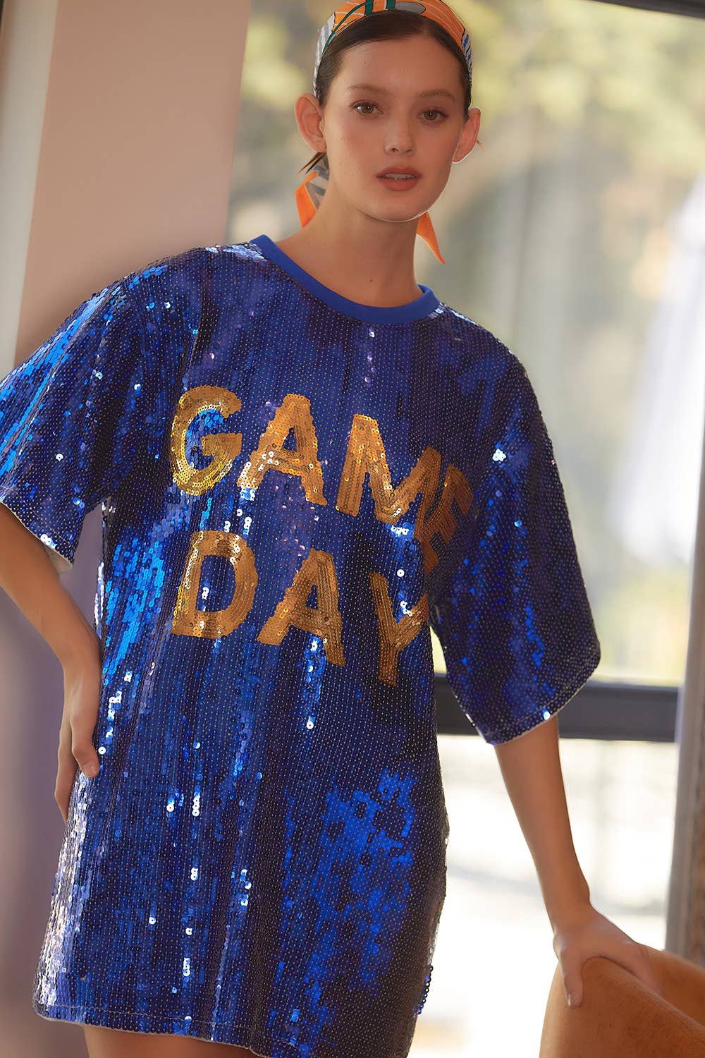 Round Neck Sequin GAME DAY letter Tunic Top: ROYAL BLUE / M
