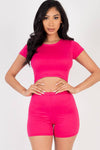 Solid Active Short Sleeve Crop Top shirt & Biker Shorts Set: L / Orange