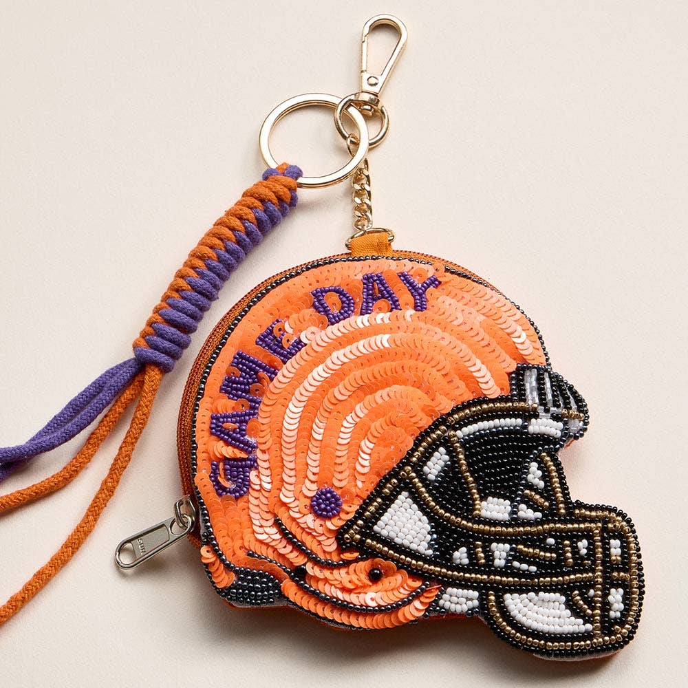 GAME DAY Football Helmet Sequin Seed Beaded Keychain Pouch