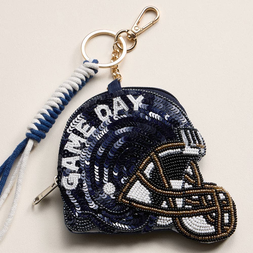 GAME DAY Football Helmet Sequin Seed Beaded Keychain Pouch