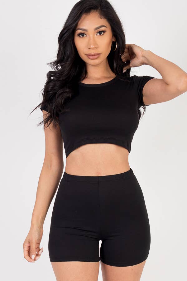 Solid Active Short Sleeve Crop Top shirt & Biker Shorts Set: M / Orange