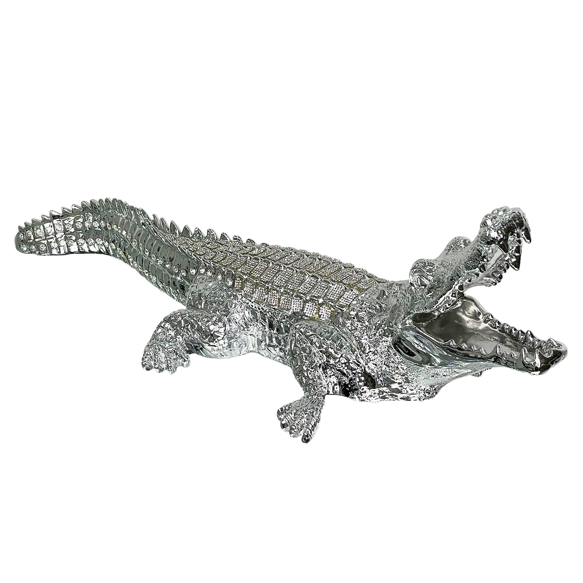 AMBROSE DIAMOND ENCRUSTED CHROME PLATED CROCODILE: Large / Silver