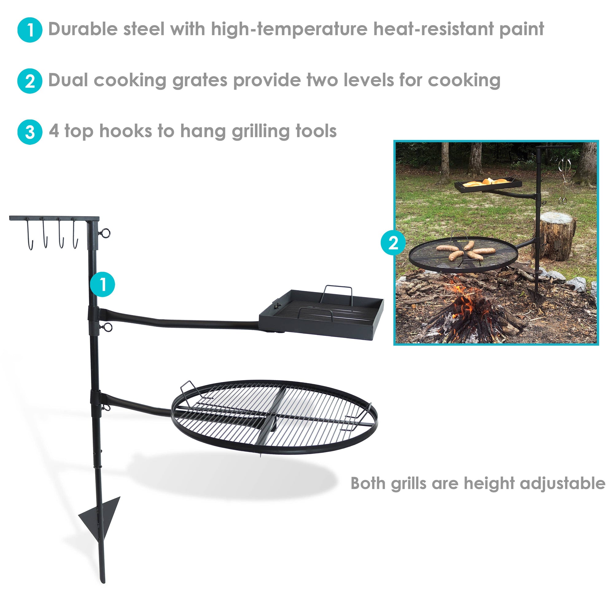 Steel Fire Pit Cooking Grill Swivel Set with Ground Stake