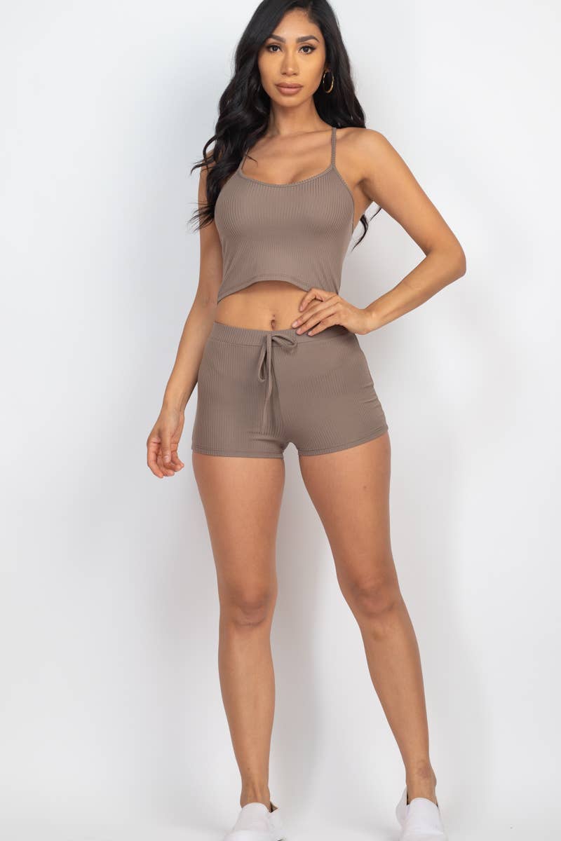 Solid Sleeveless Ribbed Crop Cami Top & Mini Shorts Set