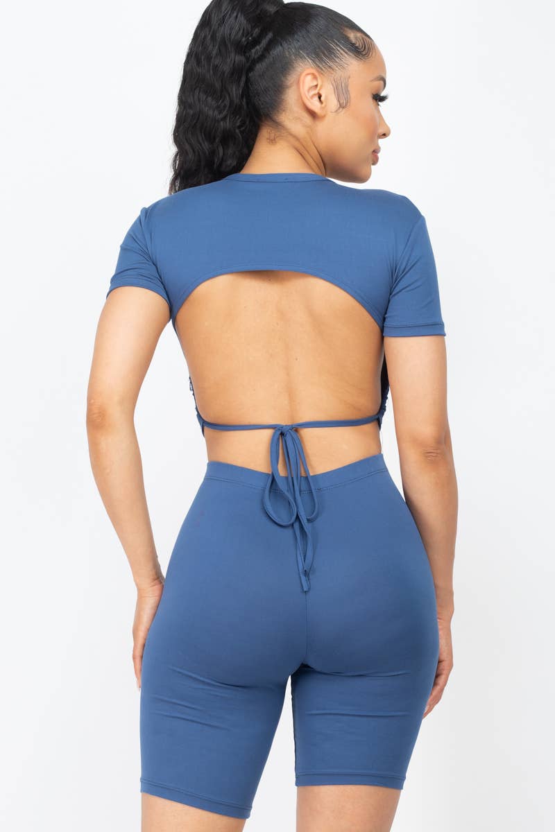 Open Back Top and Biker Shorts Sets: Orange / S