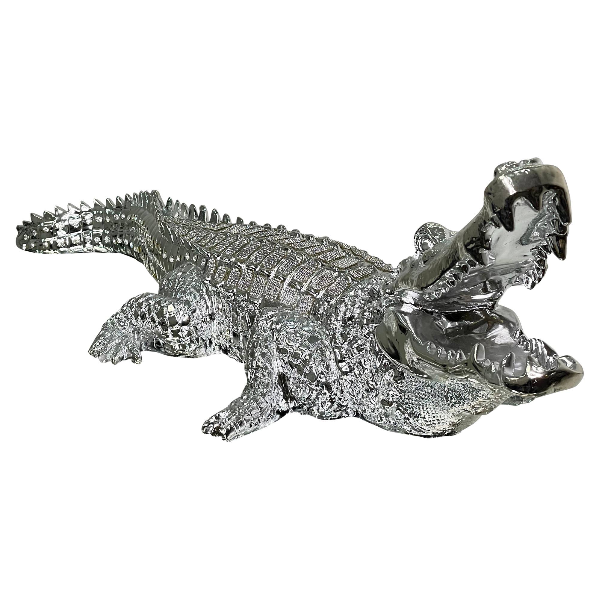 AMBROSE DIAMOND ENCRUSTED CHROME PLATED CROCODILE: Large / Silver