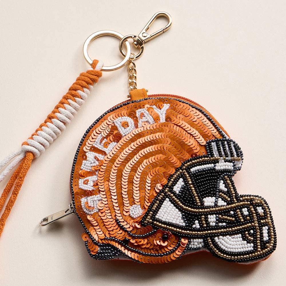 GAME DAY Football Helmet Sequin Seed Beaded Keychain Pouch