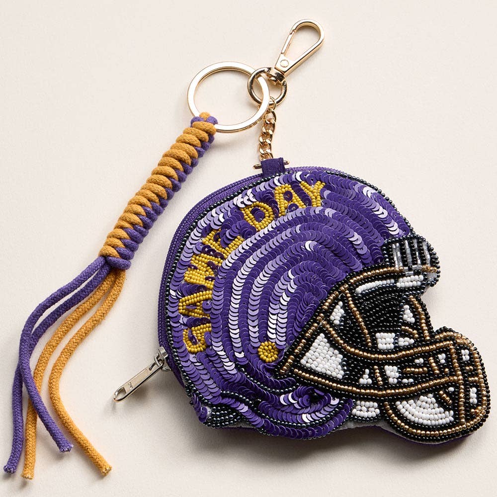 GAME DAY Football Helmet Sequin Seed Beaded Keychain Pouch