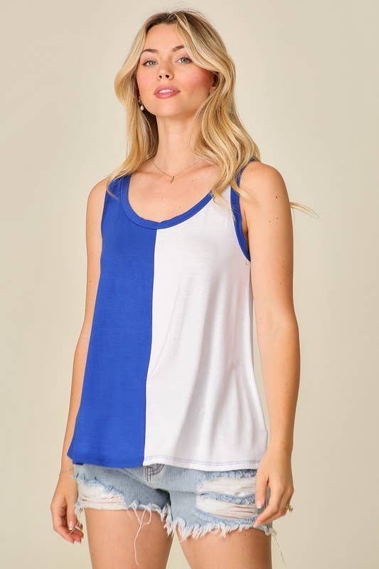 Game Day Rayon Knit Color Spilt Tank Top: ORANGE/ROYAL / 2-2-2 (S-M-L)