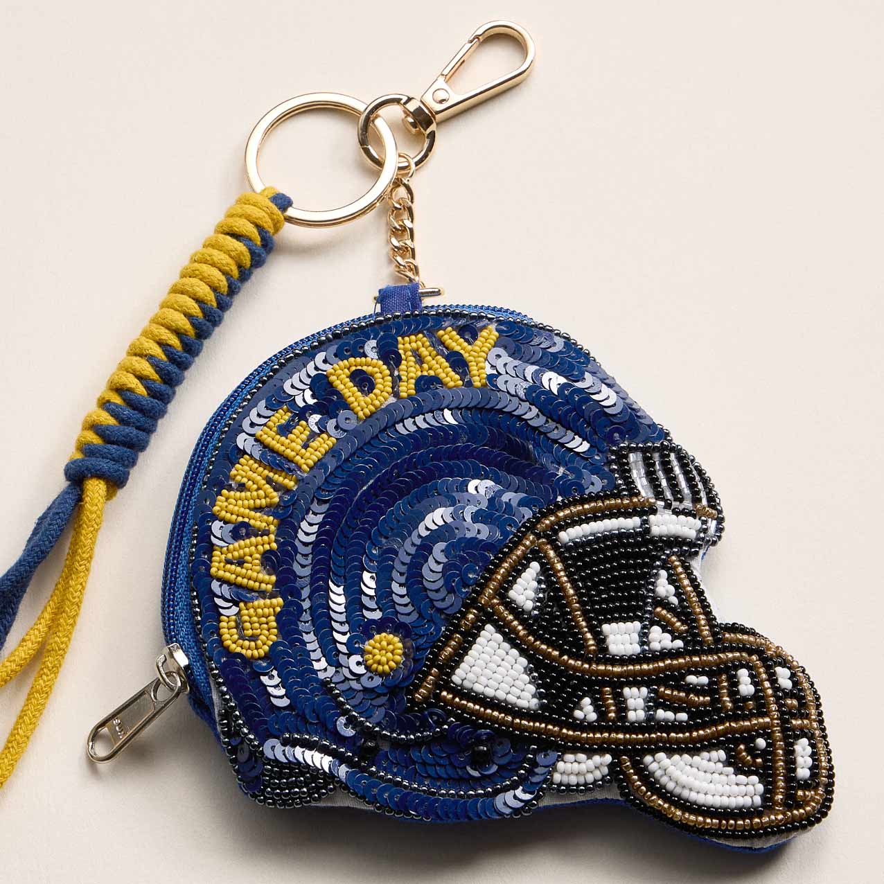 GAME DAY Football Helmet Sequin Seed Beaded Keychain Pouch