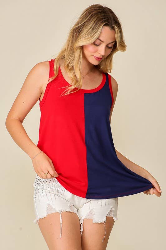 Game Day Rayon Knit Color Spilt Tank Top: ORANGE/ROYAL / 2-2-2 (S-M-L)